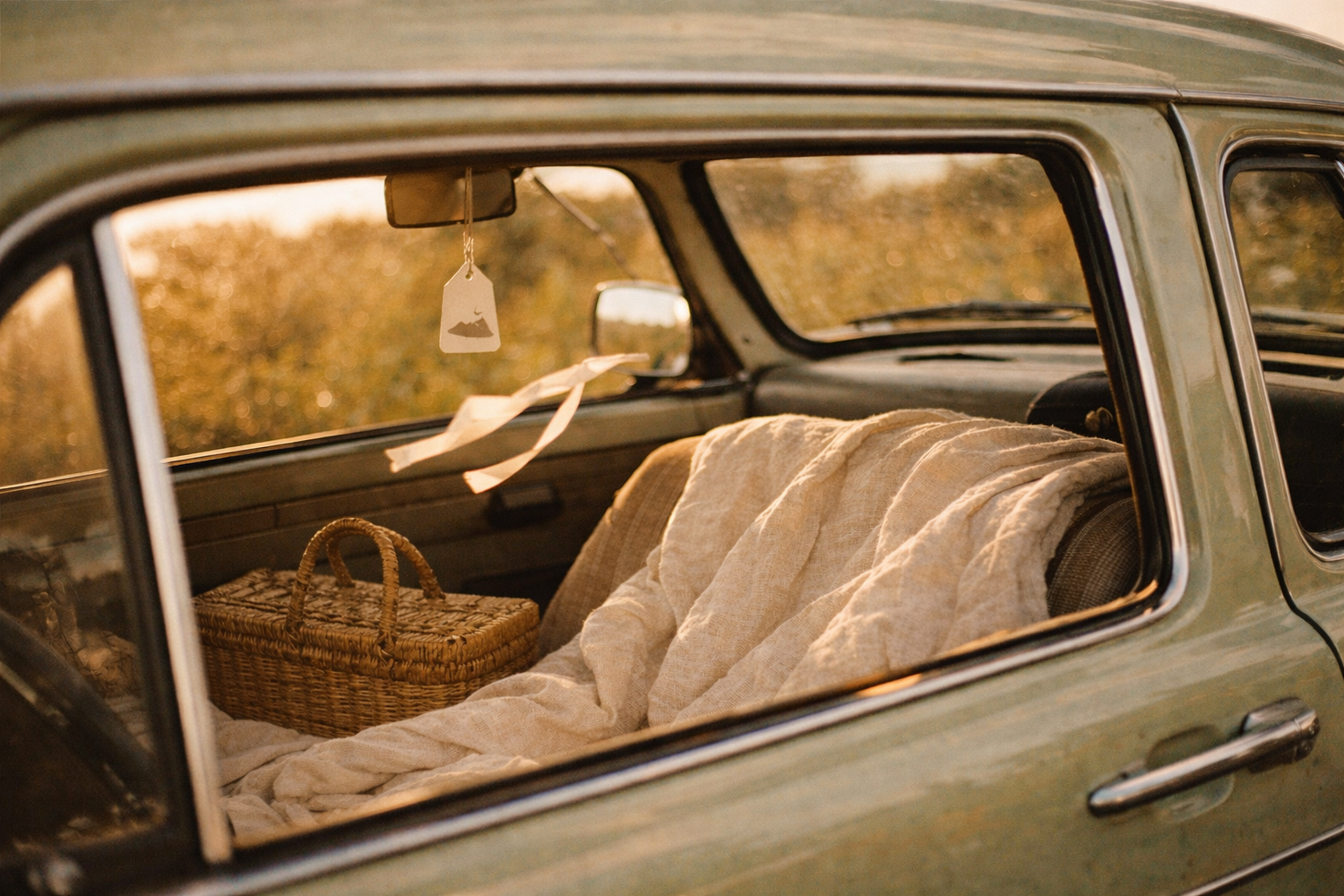 hotography of a vintage car with the windows rolled down during golden hour. Warm sunlight streaming through the car, gentle breeze moving a ribbon on the side mirror. A neutral linen blanket draped over the seat, woven picnic basket beside it. 